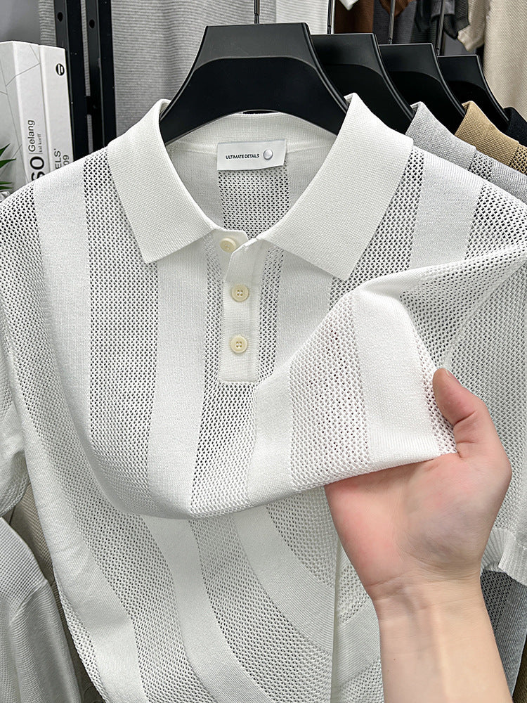 Mens Striped Knit Polo Shirt