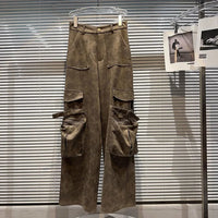 Vintage Patchwork Design Fur Leather Stand Collar Zipper Long Sleeve Jacket Pockets Cargo Pants  Autumn New