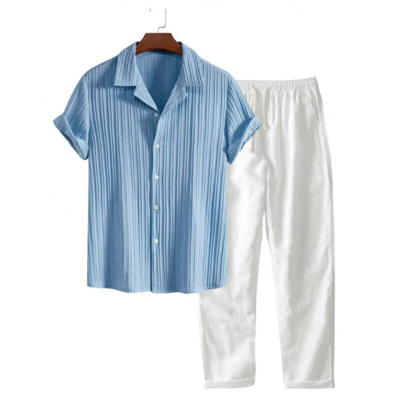 Mens Solid Color Short Sleeve Shirt and Pants Set