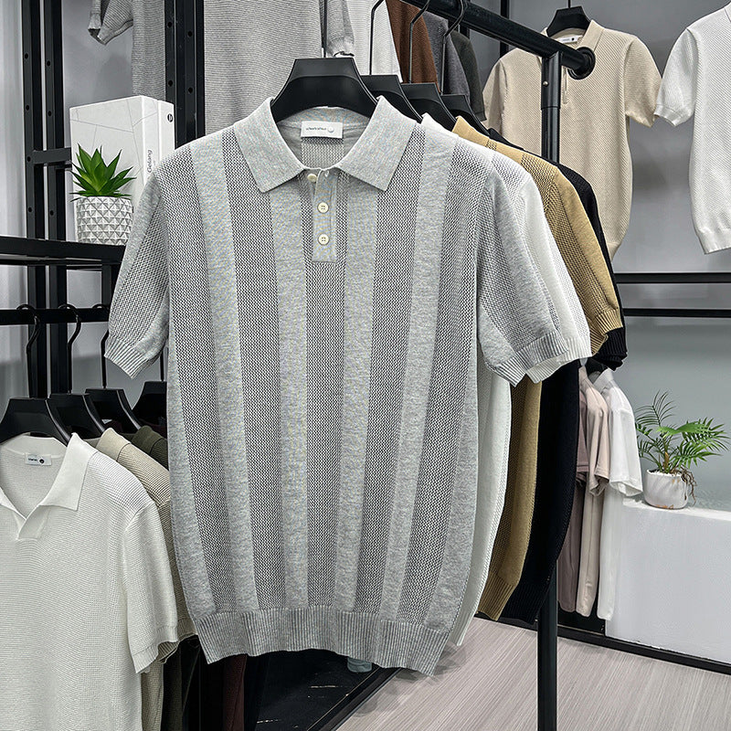 Mens Striped Knit Polo Shirt