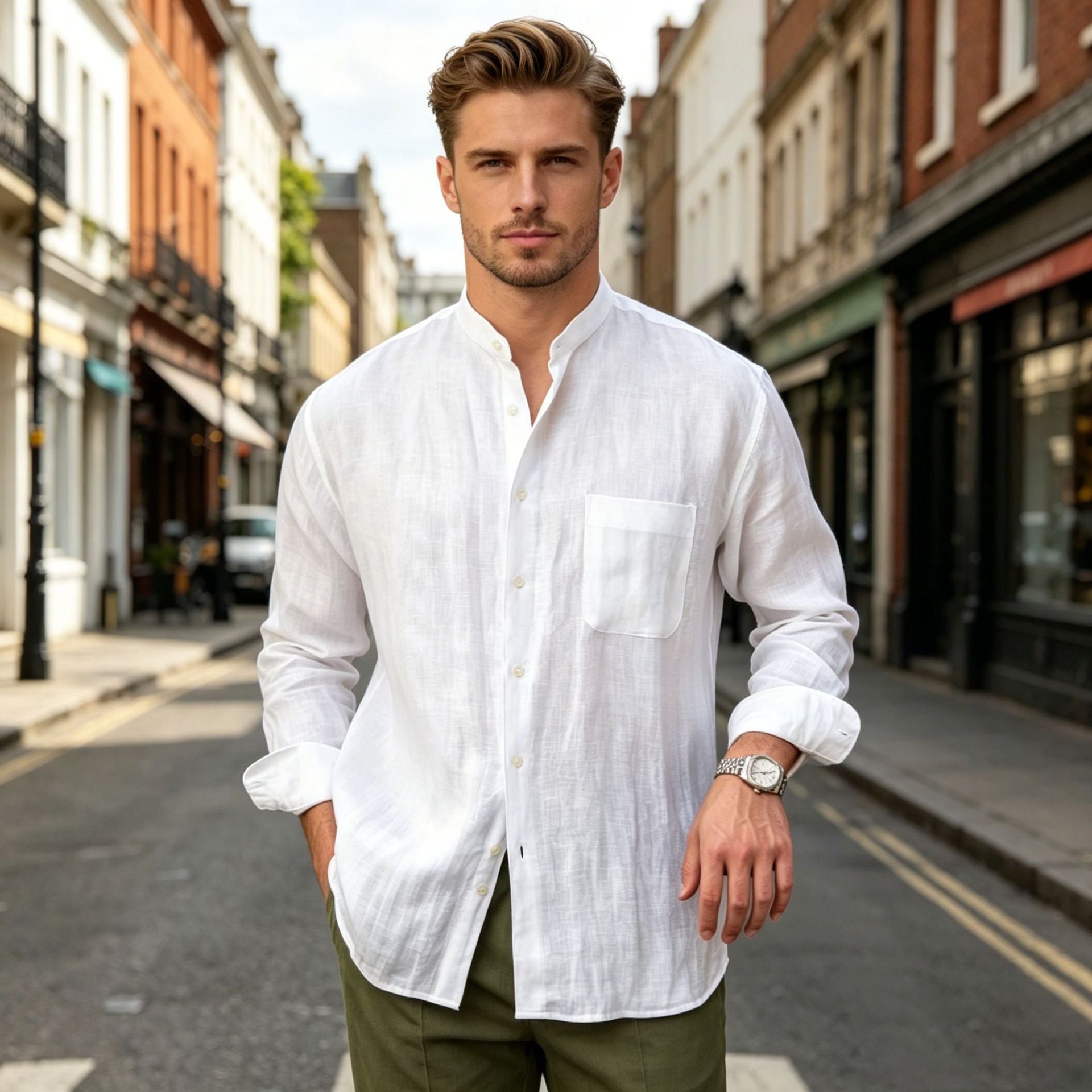 Men's Casual Linen Shirt Long Sleeve Breathable