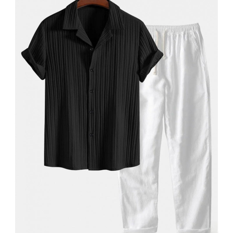 Mens Solid Color Short Sleeve Shirt and Pants Set