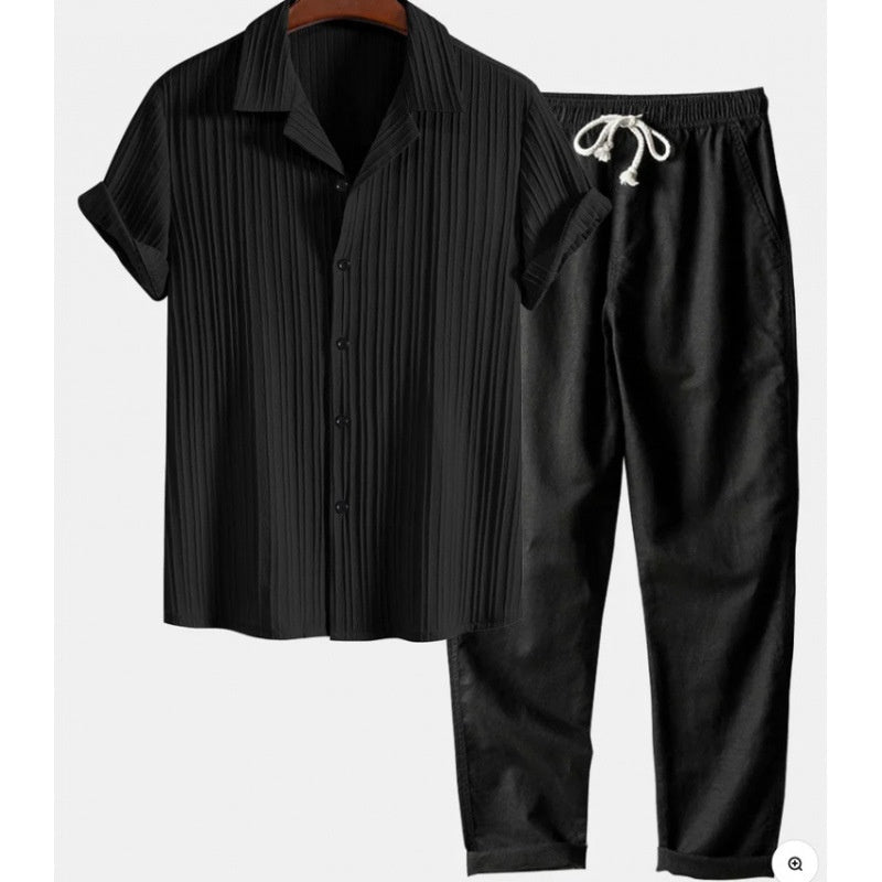 Mens Solid Color Short Sleeve Shirt and Pants Set