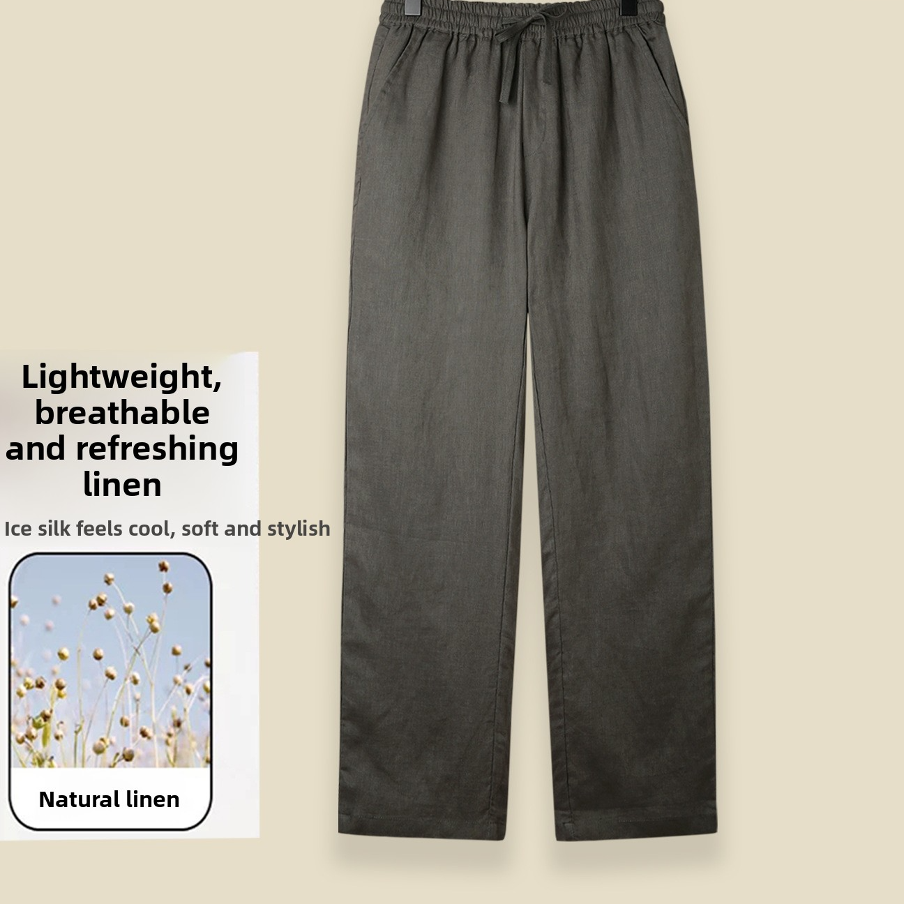 Men's 100% Linen Straight-Leg Casual Pants Breathable Loose Drawstring Trousers
