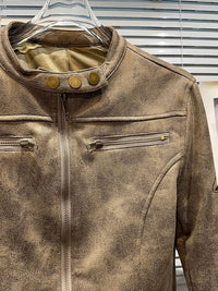 Vintage Patchwork Design Fur Leather Stand Collar Zipper Long Sleeve Jacket Pockets Cargo Pants  Autumn New