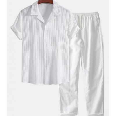 Mens Solid Color Short Sleeve Shirt and Pants Set