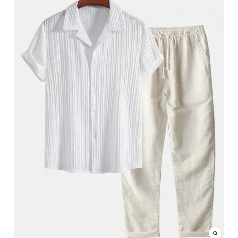 Mens Solid Color Short Sleeve Shirt and Pants Set