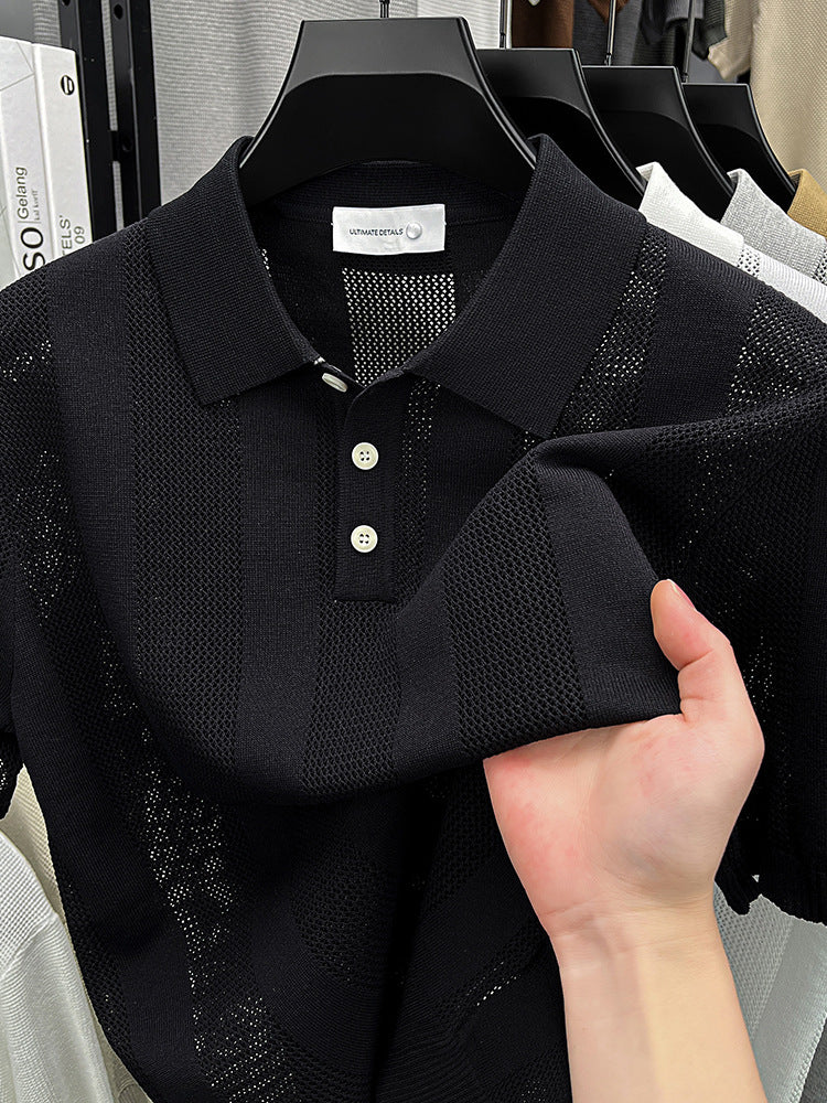 Mens Striped Knit Polo Shirt