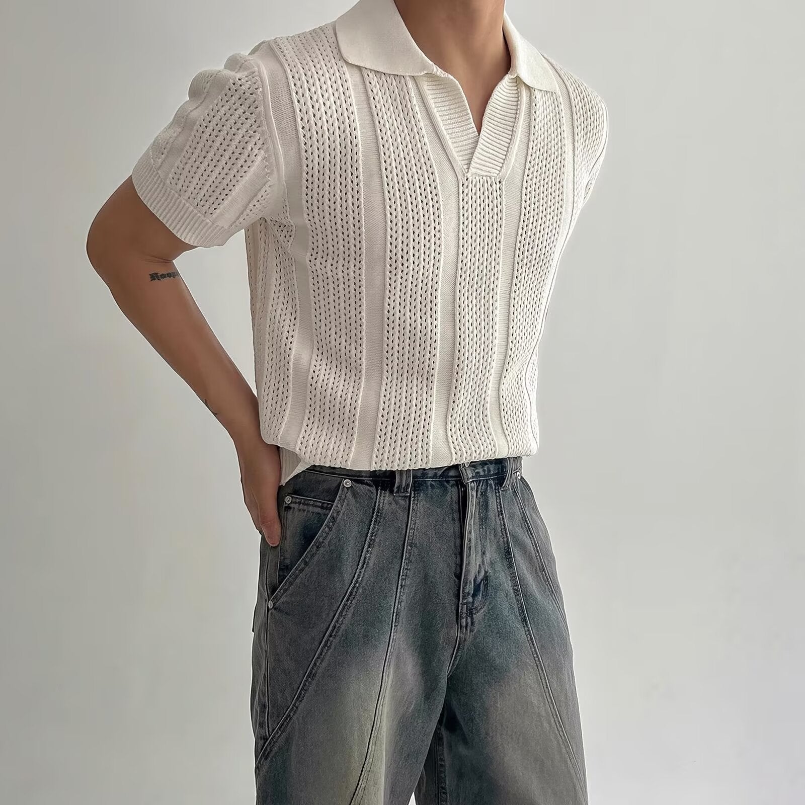 Open-weave mesh texture knitted short-sleeved Polo shirt