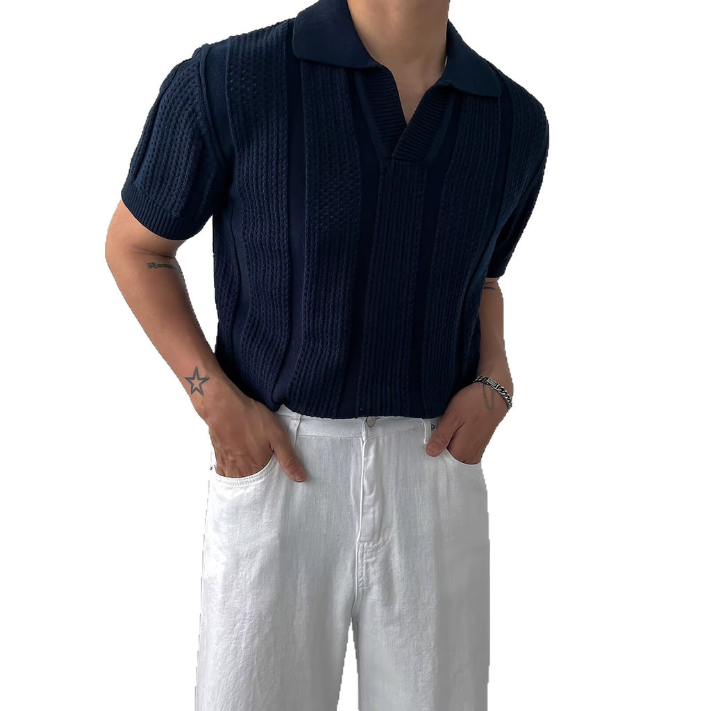 Open-weave mesh texture knitted short-sleeved Polo shirt