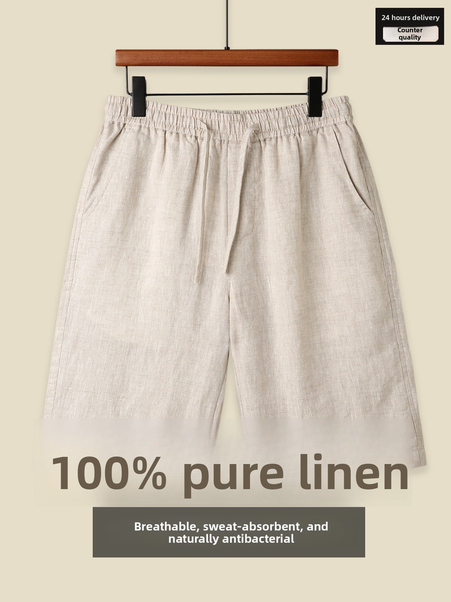 Mens Pure Linen Shorts Drawstring Casual Summer Shorts Breathable Lightweight