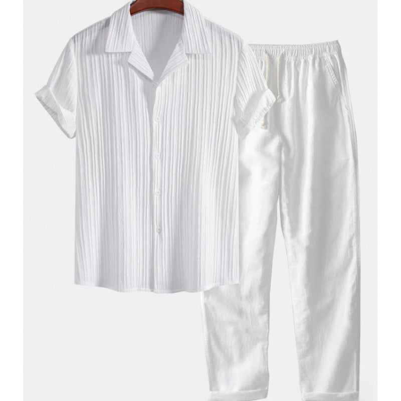 Mens Solid Color Short Sleeve Shirt and Pants Set