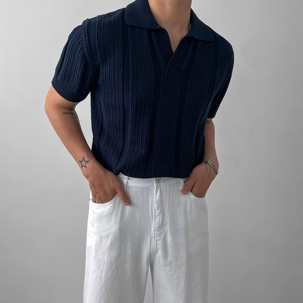 Open-weave mesh texture knitted short-sleeved Polo shirt