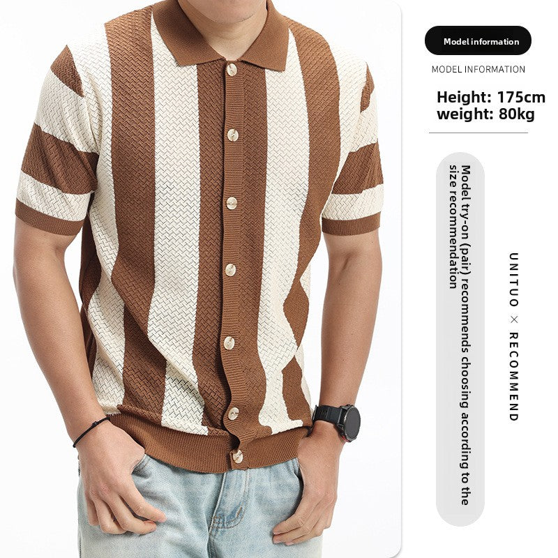 Mens Striped Knit Polo Shirt